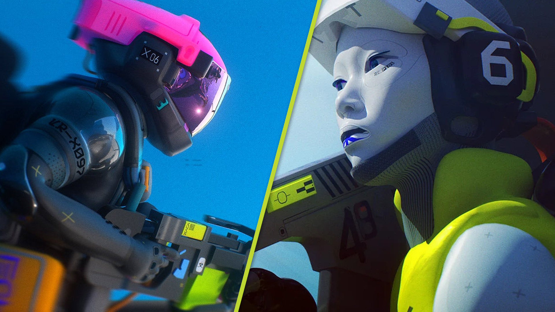 Futuristic sci-fi artwork for the video game Marathon, featuring advanced technology and characters in high-tech armor.