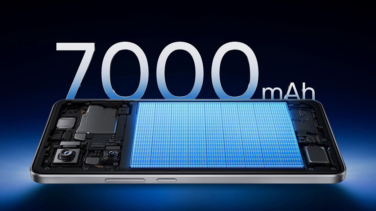An illustration showcasing the competition in smartphone battery technology with a futuristic phone and 18000 mAh symbol, highlighting silicon carbon advancements.