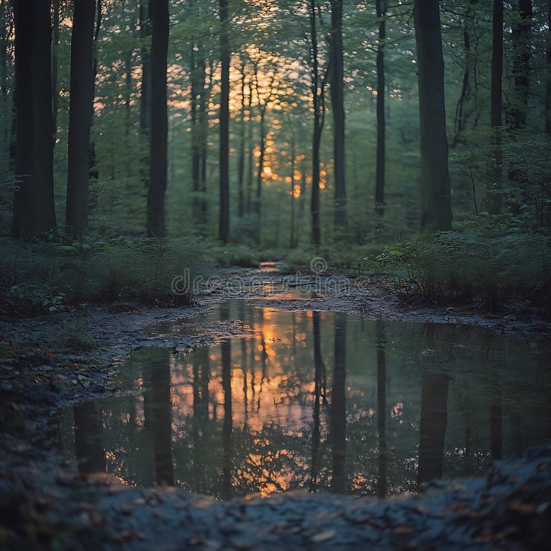 A serene forest landscape with sunlight filtering through trees, a tranquil pond, and deer grazing.