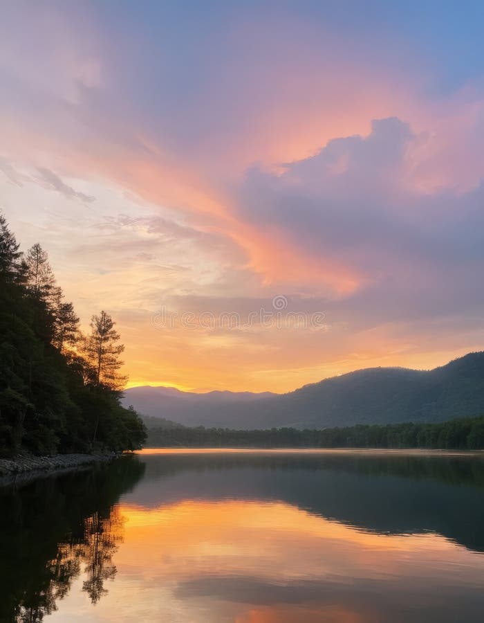 A dreamy sunset landscape with a calm lake reflecting vibrant colors, surrounded by flowers and lush greenery.