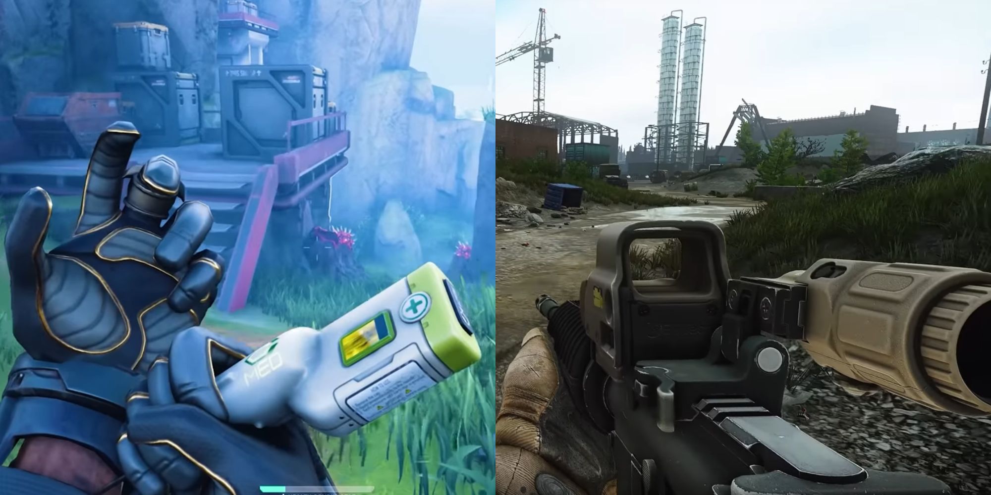 A character from a futuristic extraction shooter game examining their backpack's inventory, set against a sci-fi urban background.