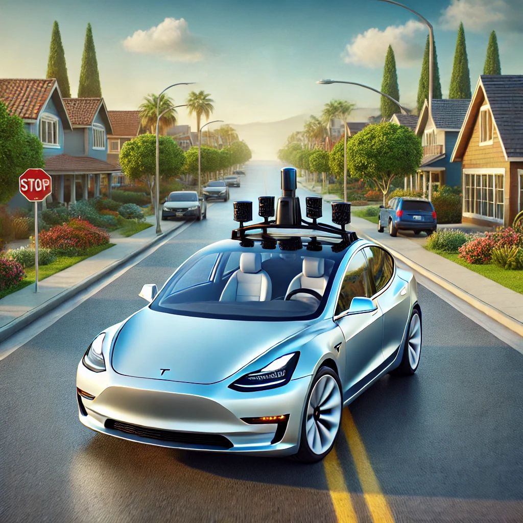 Tesla FSD v14.3: Akıllı, Güvenli ve Akıcı Sürüş Deneyimi 1 A Tesla car showcasing advanced self-driving technology in a smart city environment.