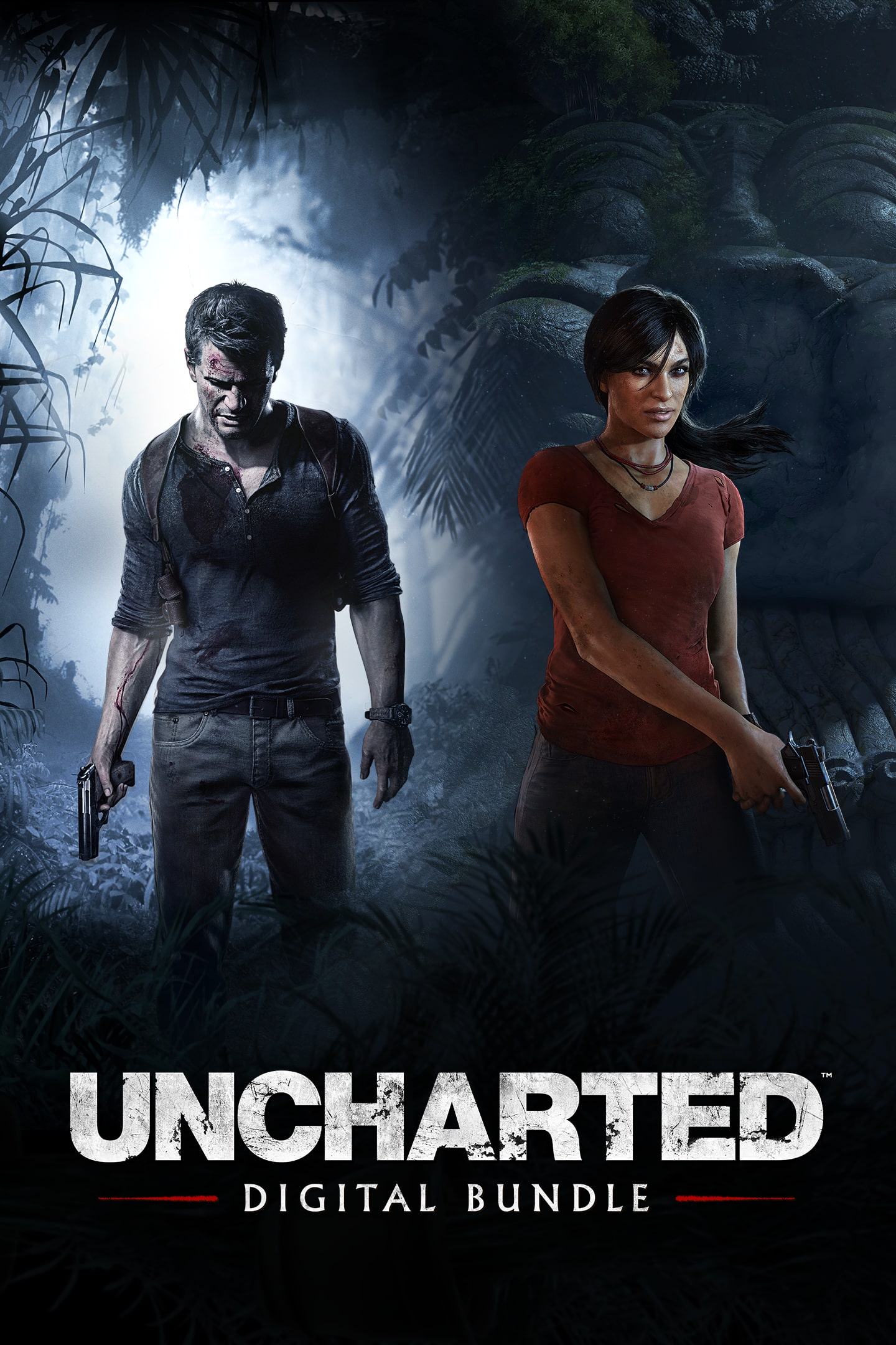 A depiction of Nathan Drake from Uncharted in a jungle, surrounded by ancient ruins and treasure, evoking a sense of adventure.