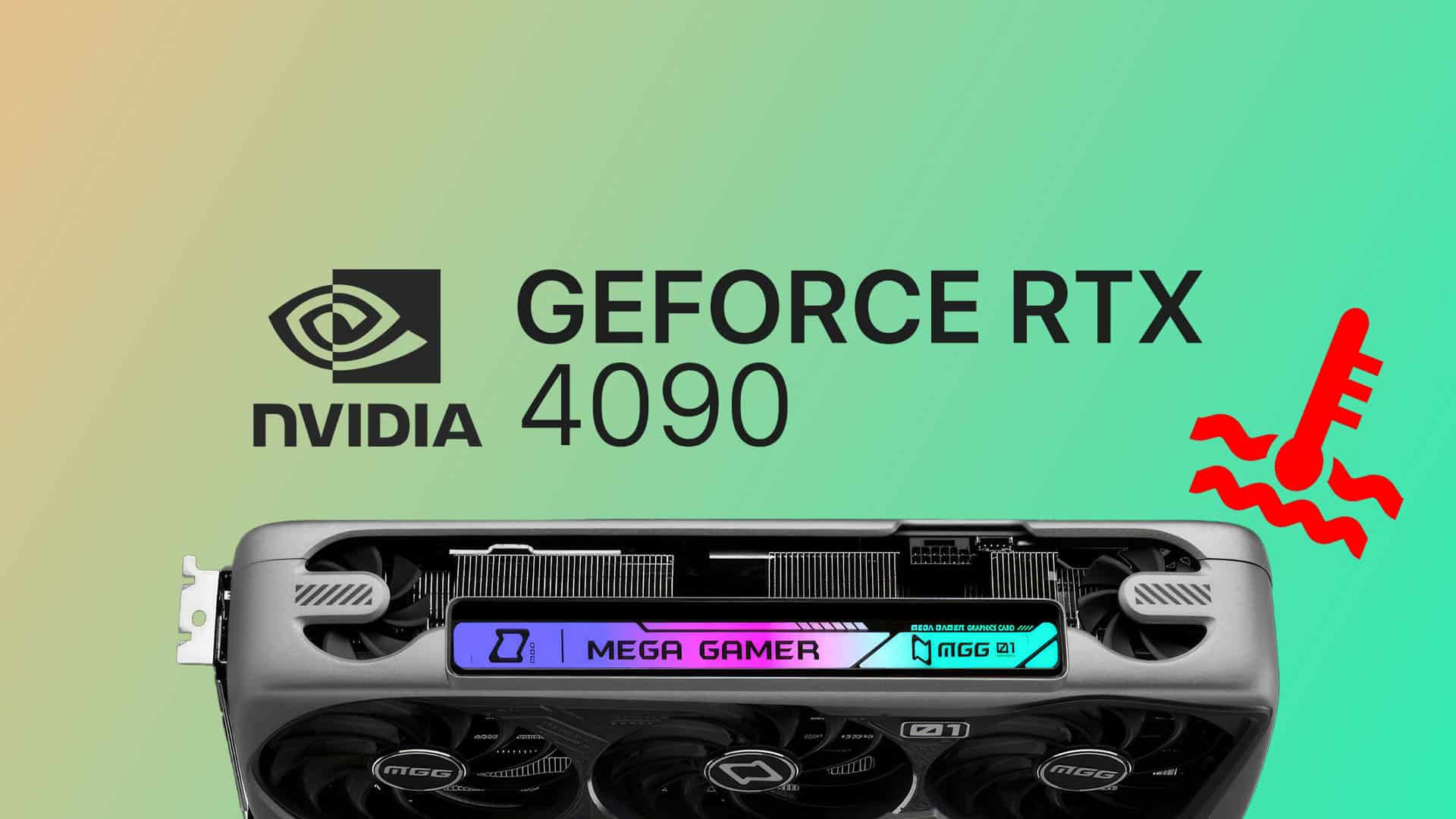 Digital illustration of a cat alerting its owner about an overheating RTX 4090 graphics card in a gaming setup.