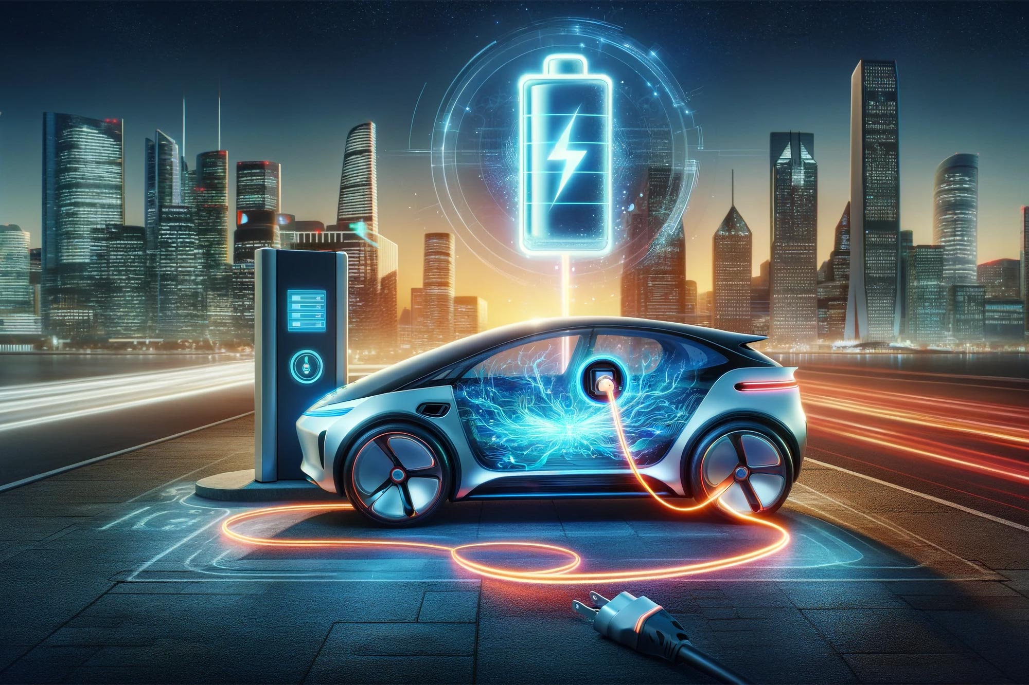 Digital artwork showing the increase in electric vehicle sales in Europe due to rising fuel prices, featuring modern electric cars against a vibrant city skyline.