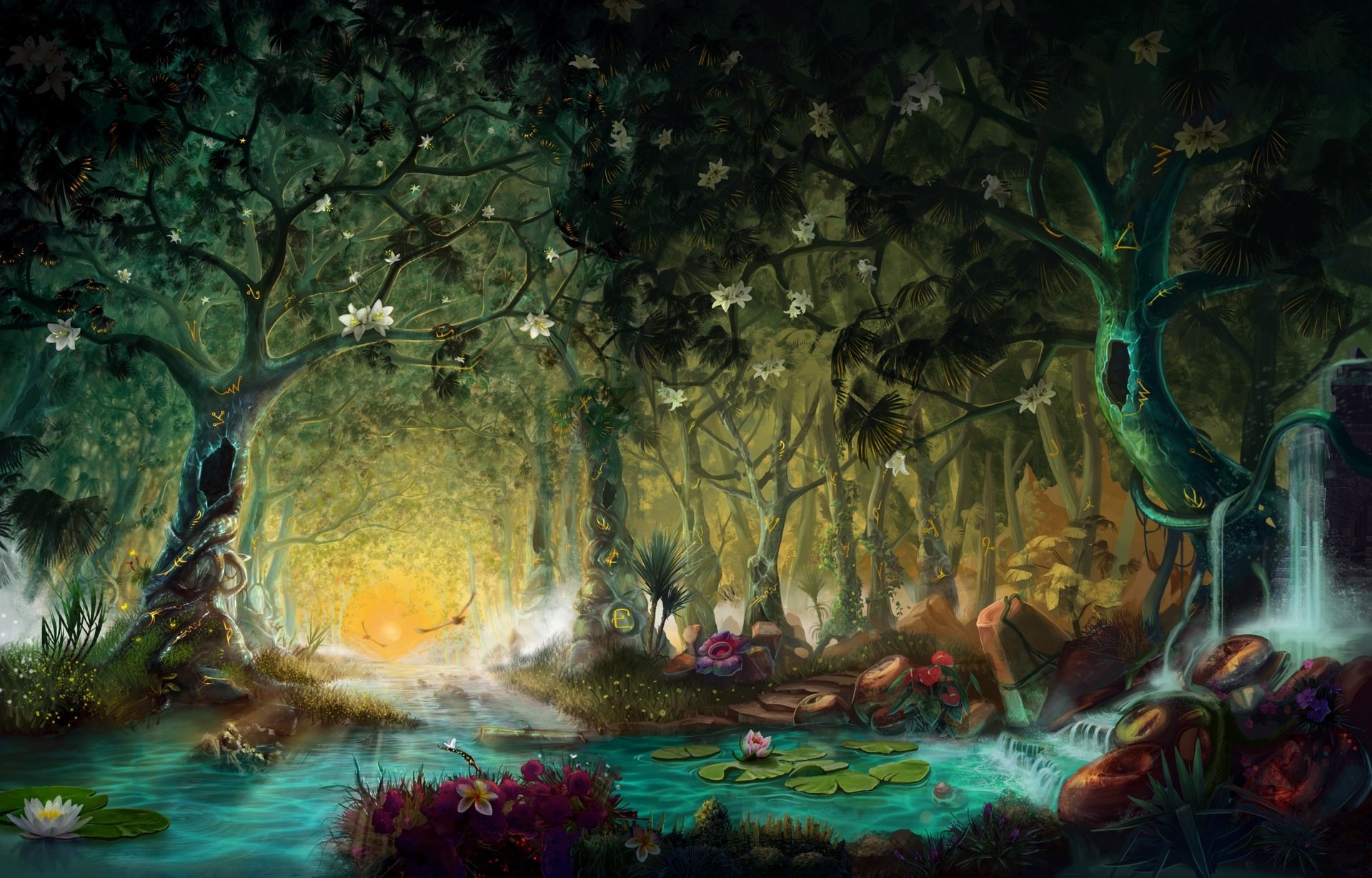 A mystical forest scene with ancient trees, a tranquil pond, and magical creatures, creating an enchanting and serene atmosphere.