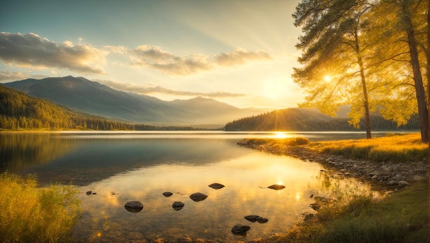 A peaceful sunset landscape with a calm lake and colorful sky.