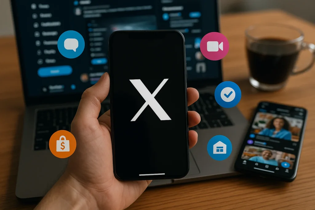 An illustration of X's AI-driven automated translation and photo editing tools on a smartphone, showcasing modern features and user-friendly interface.